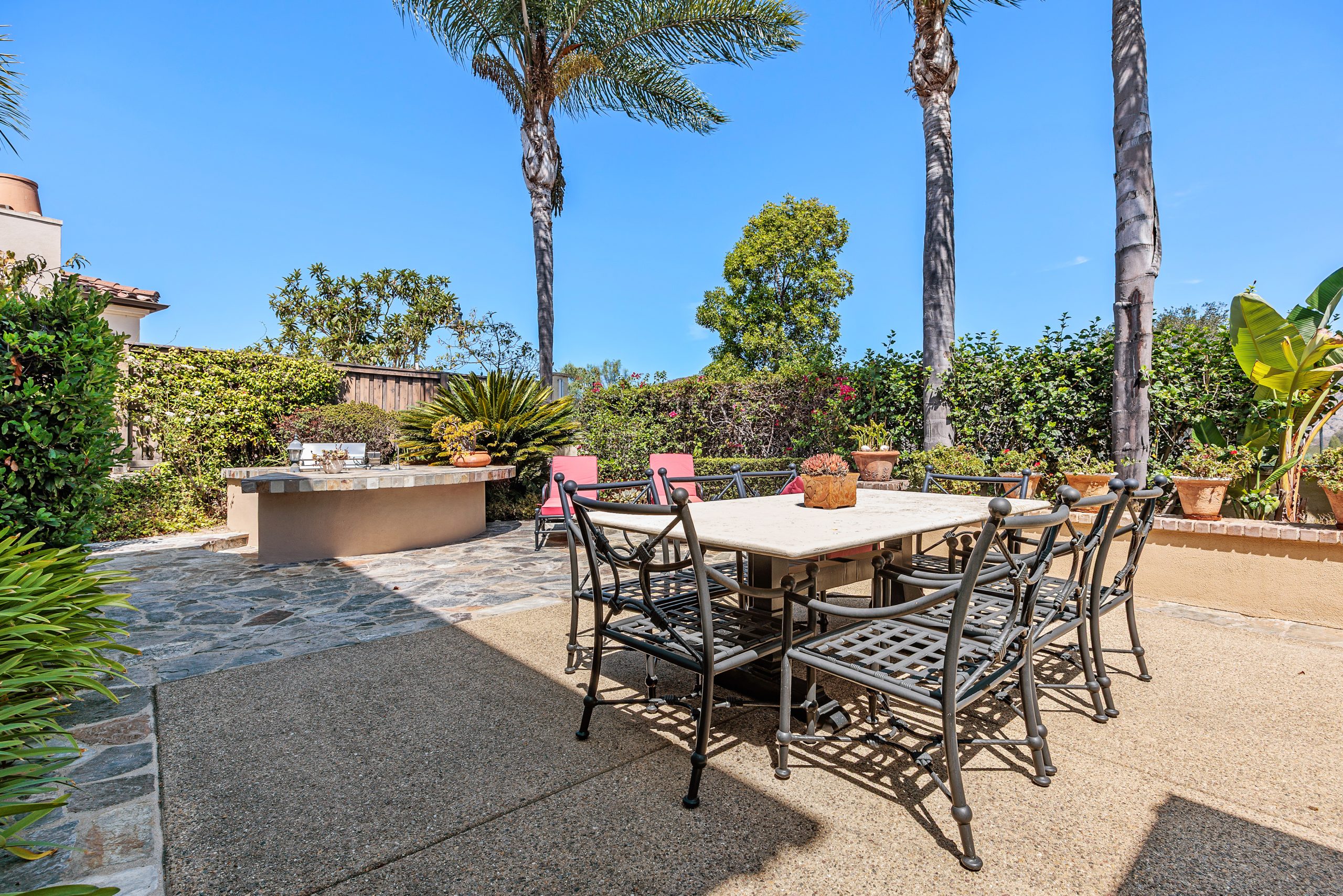 Private backyard with in-ground spa, fountain, BBQ and bar in Rancho Santa Fe