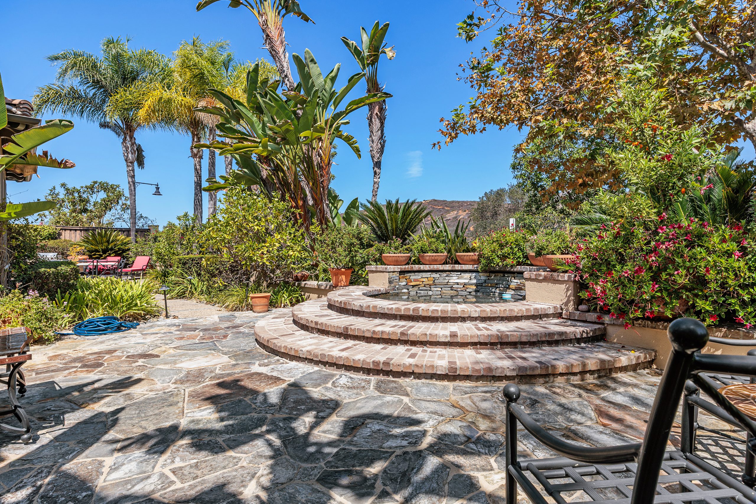 Private backyard with in-ground spa, fountain, BBQ and bar in Rancho Santa Fe